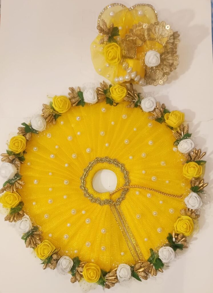 Sunny Yellow Net Ladoo Gopal Poshak with Rose Garlands