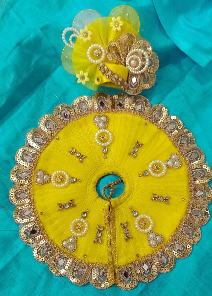 Sunny Yellow Net Ladoo Gopal Poshak with Golden Mirror Lace