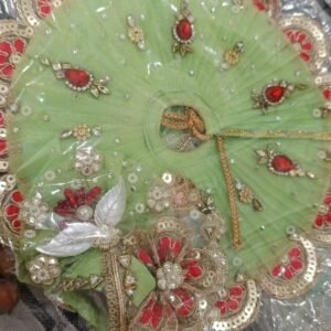 Vibrant Pistachio Green Net Ladoo Gopal Poshak with Red Stones
