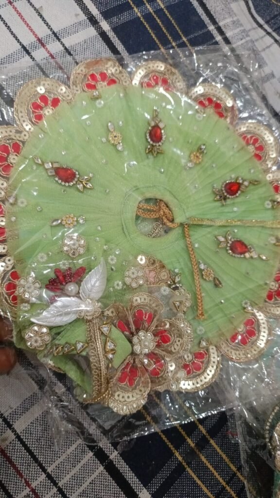 Vibrant Pistachio Green Net Ladoo Gopal Poshak with Red Stones