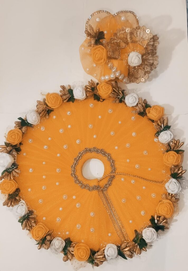 Radiant Gold Net Ladoo Gopal Poshak with Rose Garlands