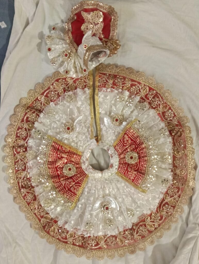 Elegant White and Red Brocade Designer Ladoo Gopal Poshak