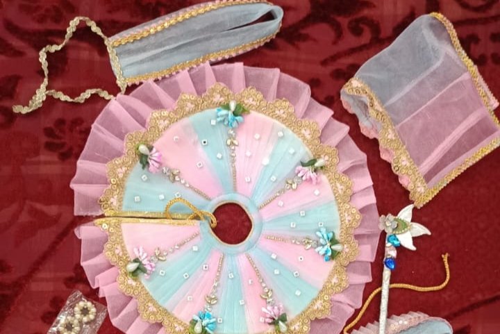 Pastel Pink and Sky Blue Net Ladoo Gopal Poshak
