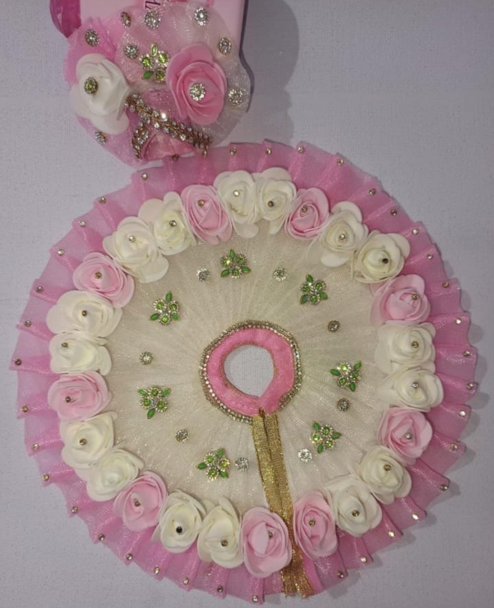 Cream and Pink Net Ladoo Gopal Poshak with Rose Garlands