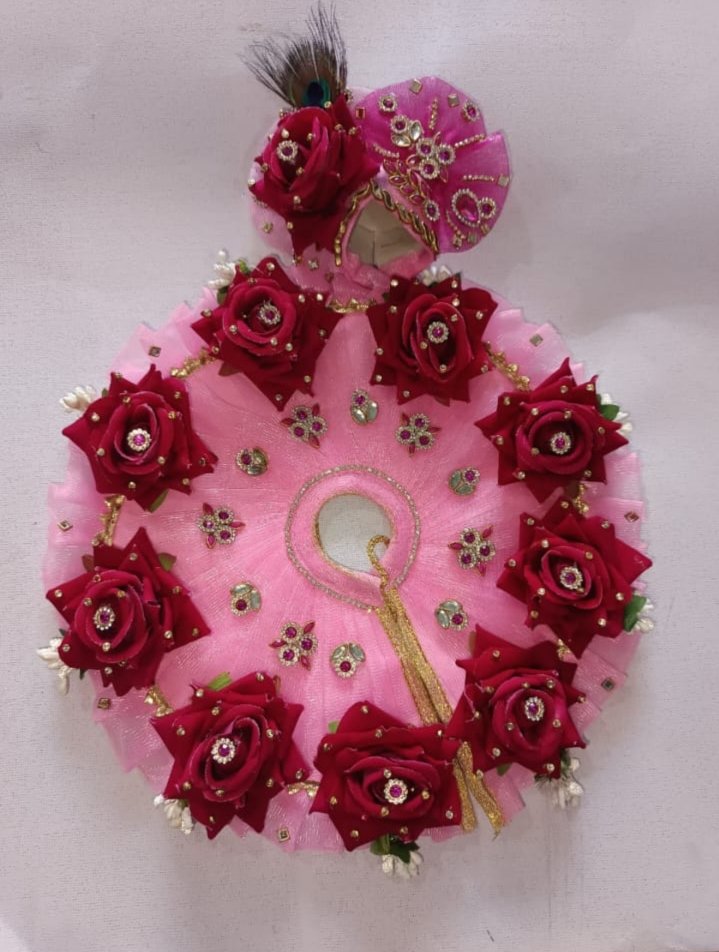Soft Pink Net Ladoo Gopal Poshak with Maroon Rose Motifs